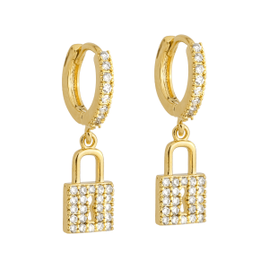 Brinco Dourado de Argolinha com Cadeado Cravejado