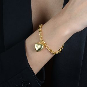 Pulseira Dourada Elo Português com Pingente de Coração